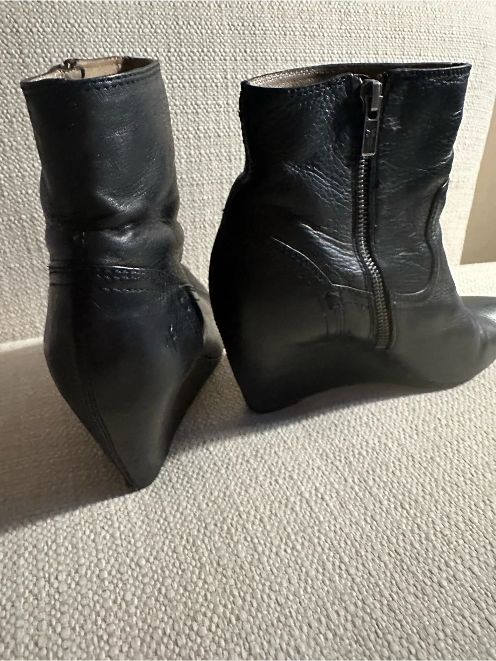 Frye Black Leather Reina Wedge Ankle Boots with Side Zip - Picture 3 of 6
